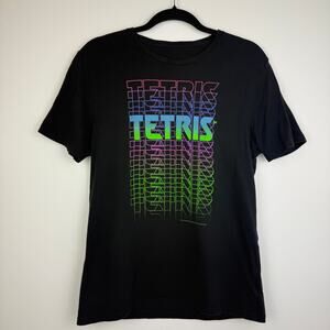 Tetris Unisex Adult Crewneck Multi Graphic Print Cotton Black T-Shirt Medium